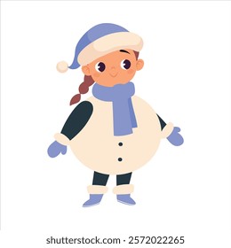 Girl Character in Snowman Costume Celebrate Christmas Holiday at Winter Vector Illustration
