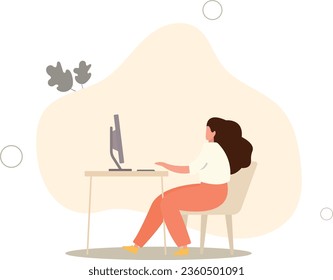 Girl character spends time at home.housewife sitting at the computer.flat vector illustration