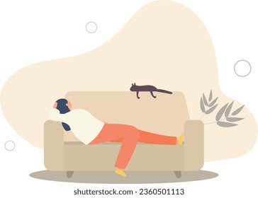 Girl character spends time at home.housewife resting lying sofa with a cat