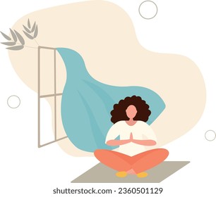 Girl character spends time at home.housewife doing yoga and airing the room.flat vector illustration