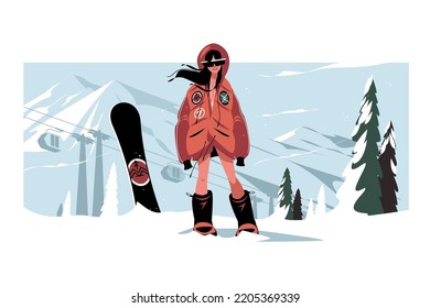 Girl character stand on snowy mountain with snowboard vector illustration. Snowboarder on hill before sliding down flat style. Sport concept