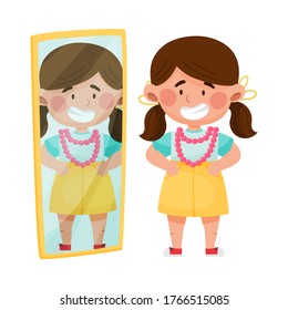 Girl Character Standing in Front of the Mirror with Necklace Vector Illustration