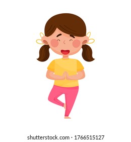 Girl Character Standing in Yoga Pose and Breathing Vector Illustration