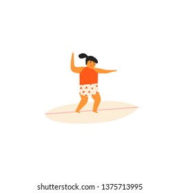 Girl character studying surfing illustration in vector. Summer fun card or poster 