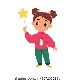 Girl Character in Sweater with Star Celebrate Christmas Holiday at Winter Vector Illustration