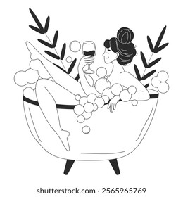 Girl character takes a bubble bath with a glass of wine. Relaxation, spa, body care. Self care concept. Vector illustration for website or app in otline style