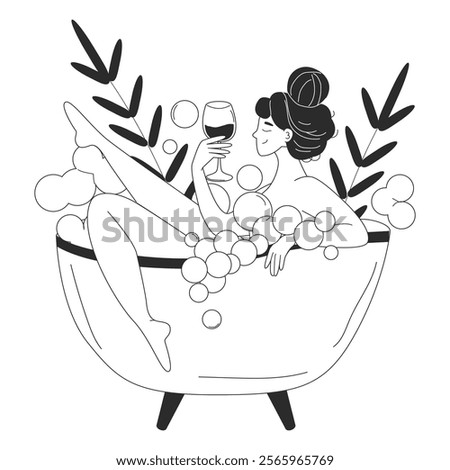 Girl character takes a bubble bath with a glass of wine. Relaxation, spa, body care. Self care concept. Vector illustration for website or app in otline style