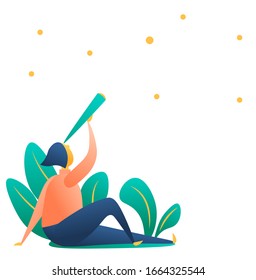Girl character with a telescope looks at the stars. Isolated element for web design, postcards, post. Modern organic life with nature, a young character. Flat style, vector.