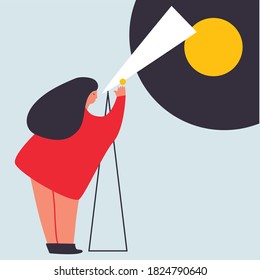 Girl character with a telescope looks at the stars. Isolated element for web design, postcards, post. Simple illustration in flat style, vector.