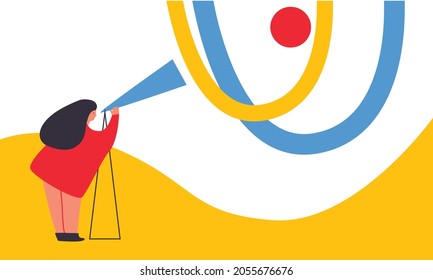 Personaje femenino con telescopio mira a las estrellas. Elemento aislado para diseño web, postales, post. Ilustración simple en estilo plano, vector.