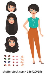 Girl character template. A girl in trousers, with elements, eyes, hairstyles, emotions and gestures.