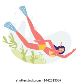 Girl Character Underwater Diver on Ocean Bottom with Corals, Woman in Bikini with Snorkel, Flippers and Mask. Active Recreation, Vacation Pastime, Leisure Activity. Cartoon Flat Vector Illustration