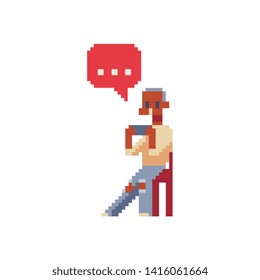 Girl character uses smartphone with speech bubbles. People Chatting. Isolated pixel art vector illustration. Design for website and mobile app.