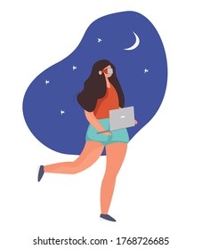Personaje femenino con audífono VR y experiencia de realidad virtual. Niña adolescente con audífonos de realidad virtual.Carácter tecnológico de alta calidad.Ilustración vectorial plana