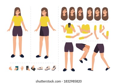 Girl character with various facial expressions, hand gestures, body and leg movement. Cartoon character for motion animation