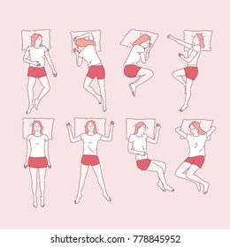 a girl character various poses to sleep hand drawn style vector doodle design illustrations 