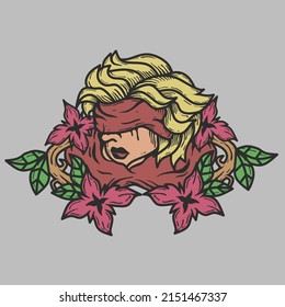 girl character vector design with eye patch cloth plus beautiful flower elements.classic tattoo design