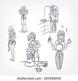girl character vector diet set illustration frige choice kitchen food 