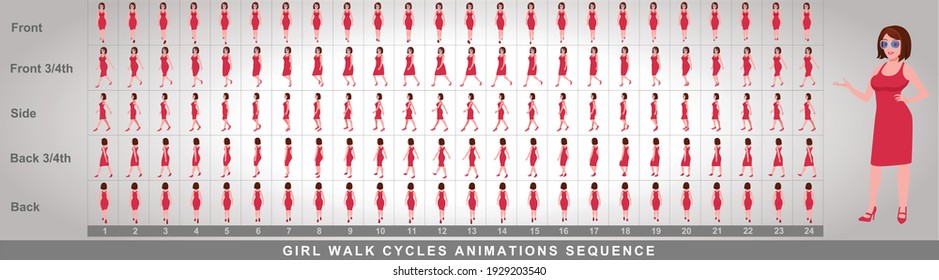 Girl Character Walk Cycle Animation Sequence. Frame By Frame Animation Sprite Sheet Of  Woman Walk Cycle. Girl Walking Sequences Of Front, Side, Back, Front Three Fourth And Back Three Fourth.