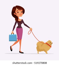 Girl character walking with cute dog character. Vector flat cartoon illustration