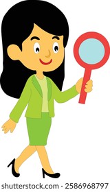 A girl character walking with taking magnifying glass