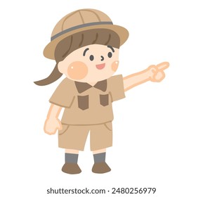 A girl character wearing an explorer's outfit pointing.