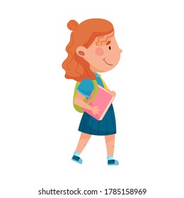 Girl Character Wearing School Uniform and Backpack Walking to School Vector Illustration