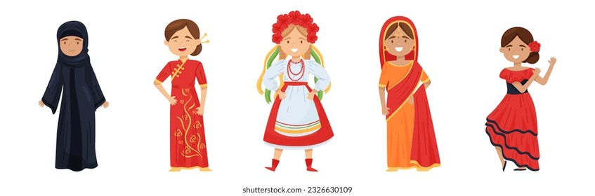Girl Character Wearing Traditional Ethnic Clothing of Various Countries Vector Set