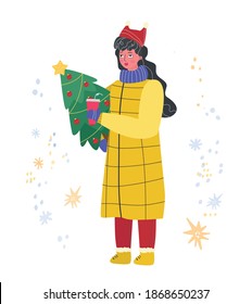 
Girl character in winter clothes  hold Christmas tree, girl with a spruce,  new year character, Christmas card with Christmas tree, new year illustration on a white, X-mas card, woman hold glintwine