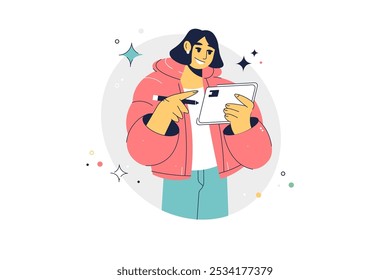 Girl Character work on tablet holding pen. Learning drawing basics while using a tablet. Flat Cartoon Vector Illustration, icon. Stylish colorful, abstract