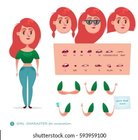 Girl character for your scenes.Parts of body template for design work and animation.   Funny cartoon.Vector illustration isolated on white background. Set for character speaks animations.Student.Woman