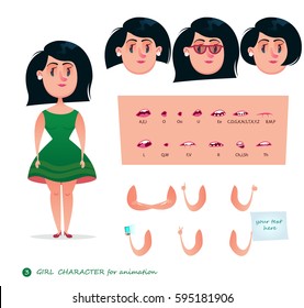 Girl character for your scenes.Parts of body template for design work and animation.   Funny cartoon.Vector illustration isolated on white background. Set for character speaks animations.Student.Woman