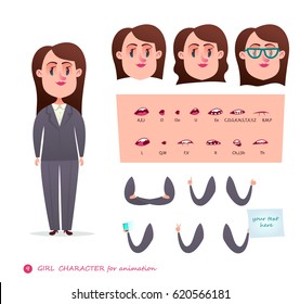 Girl character for your scenes.Parts of body template for design work and animation.   Funny cartoon.Vector illustration isolated on white background. Set for character speaks animations.Woman
