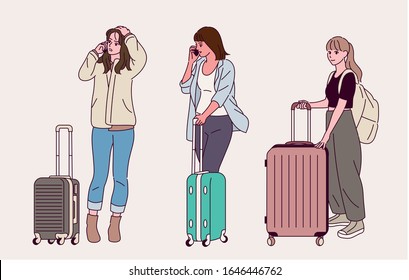 girl characters holding a travel suitcase. hand drawn style vector design illustrations. 