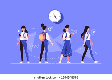 Girl characters poses vector illustration. Woman in casual clothes in various postures flat style concept. Female searching location with smartphone, standing with backpack and going