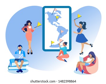 Girl Characters Putting Point Marks or Flags on Map Flat Cartoon Vector Illustration. Man in Headphones Sitting on Book Pile with Laptop. Girl Working on Device. Globe in Big Tablet.