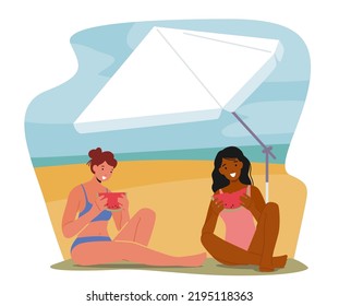 Girl Characters Relax on Seaside Resort. Young Women Eating Watermelon and Lounge under Umbrella Hiding from Sun Rays. Tourist Relaxing on Sea Beach at Summer Vacation. Cartoon Vector Illustration