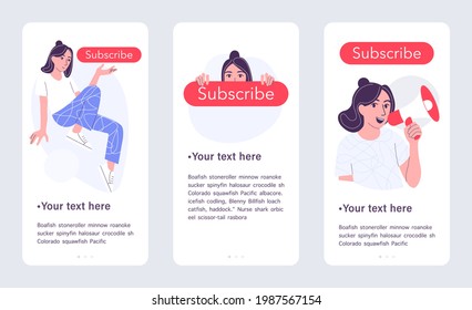 Girl characters with subscribe buttons set of concepts on white background. Vector illustration cartoon flat design