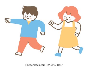 Girl chasing boy running with pointing finger_color