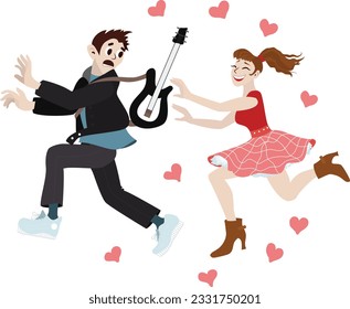 A girl is chasing a guy. Crazy fan chases a rock-idol. Funny colorful caricature about stalking selebrities. Fan's harrasment of popular rock-star, famous singer.Tiresome love. Scared man runs away.