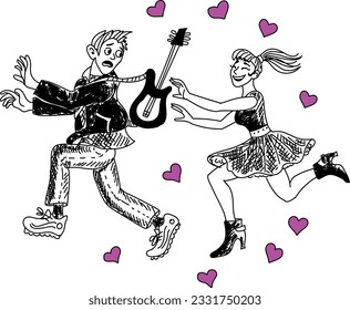 Girl is chasing a guy. Crazy fan chases a rock-idol. Black, white and pink caricature about stalking selebrities. Fan's harrasment of popular rock-star, singer.Tiresome love. Scared man runs away.