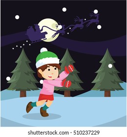 girl chasing santa illustration design