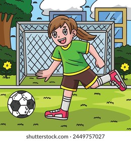 Girl Chasing a Soccer Ball Colored Cartoon 