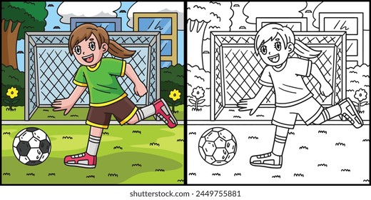 Girl Chasing a Soccer Ball Coloring Illustration