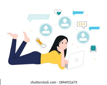 Girl chat in laptop vector illustration cartoon flat design modern style 