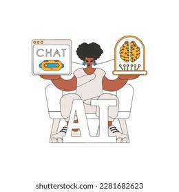 Girl chatting with AI on her handheld device, vector image.