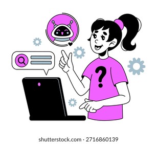 Chica charlando con chatbot. Interacción por computadora, burbujas de discurso, símbolo de búsqueda, avatar de bot amigable y engranajes, asistencia en línea, información y Asistencia de mensajes en la computadora portátil. Ilustración vectorial