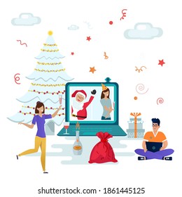 Girl chatting with a group of people online for the Christmas holidays. Christmas tree, gift, desktop and congratulations for Christmas and New Year. Video call on the computer, virtual meeting of fri