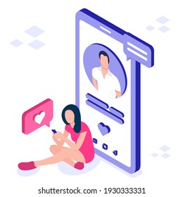 Girl chatting with a guy in a dating app. 3d character with smartphone. Online dating concept. Vector illustration in isometric style. Isolated on the white background