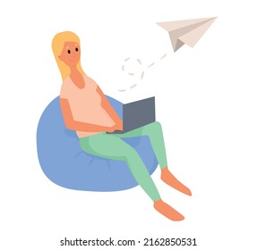 Girl Chatting Holding Laptop Sitting In Beanbag Chair Isolated On White Background. Remote Work Concept.